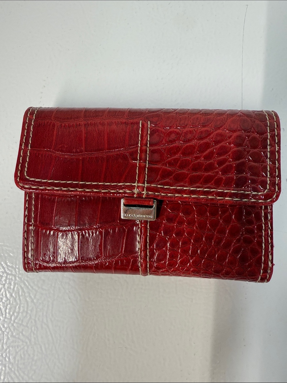 Liz Claiborne Red Croc-Embossed Compact Wallet with Contrast Stitching